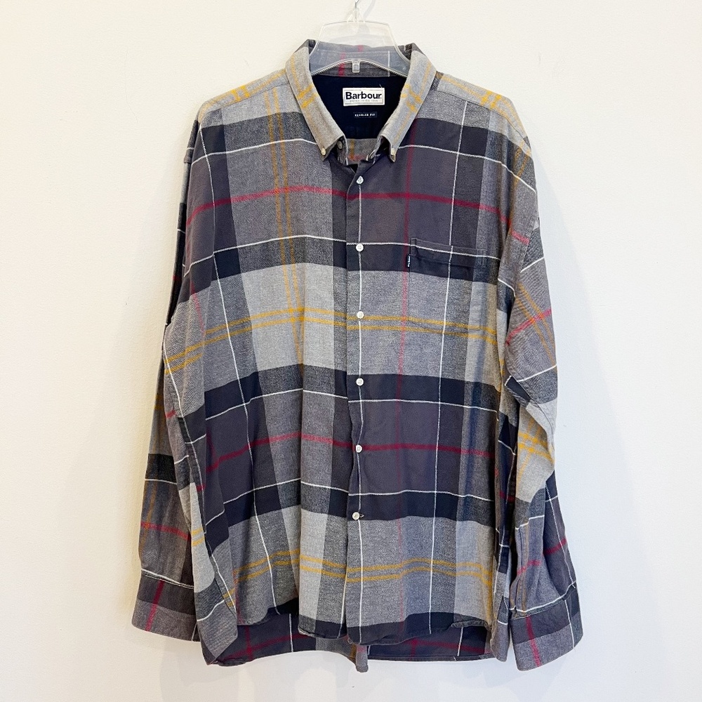 Barbour Flannel Shirt Mens XXL 2XL Gray Red Yellow Plaid Tartan Huckberry